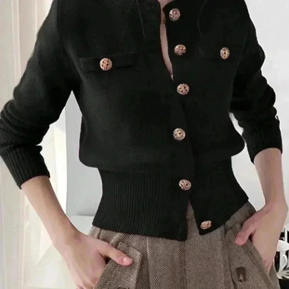 Black Casual Women's Long Sleeve Knit Ribbed Button Round Neck Cardigan - Picture 3 of 5